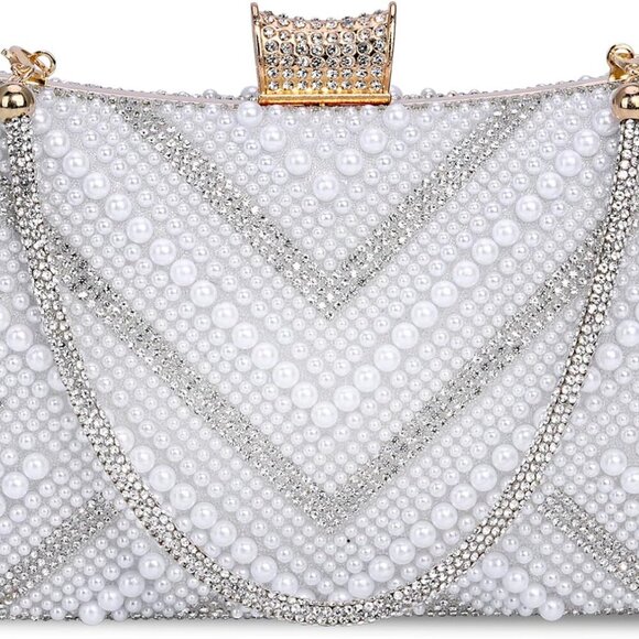 Women’s Pearl Beaded Clutch Purse Sparkling Evening BAG Handbag for Wedding Part - Picture 2 of 8